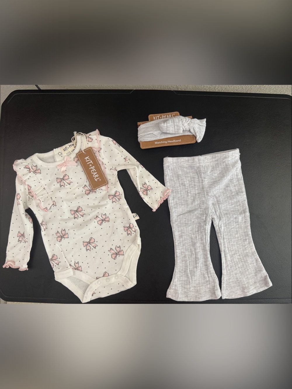 Pearl Cream Floral Baby Matching Set with Gray Ribbed Pants & Headband